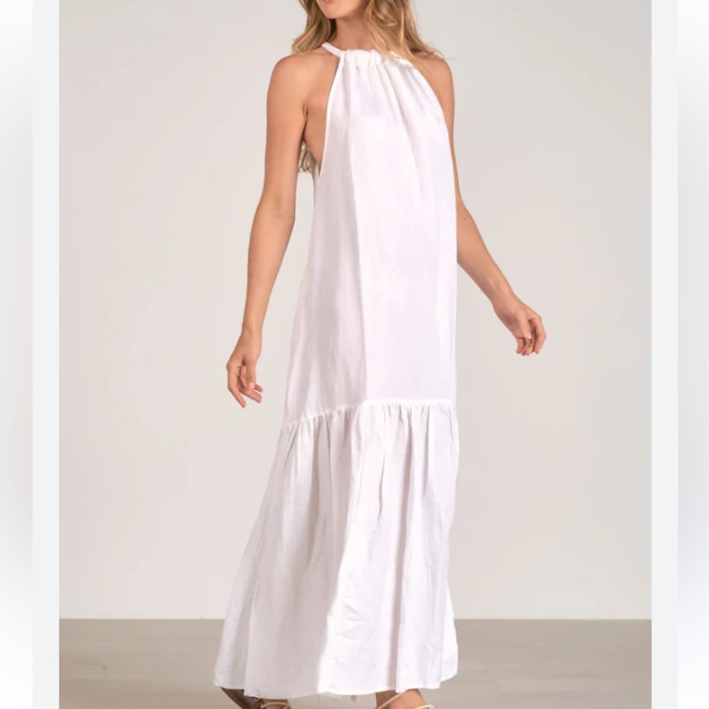 Elan NWT Size Medium White linen Halter Pleated Halter Maxi Dress - Picture 3 of 16